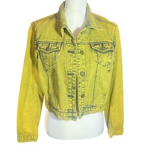 Vintage 90’s Acid Wash Yellow-Green Cropped Denim Jacket Pockets